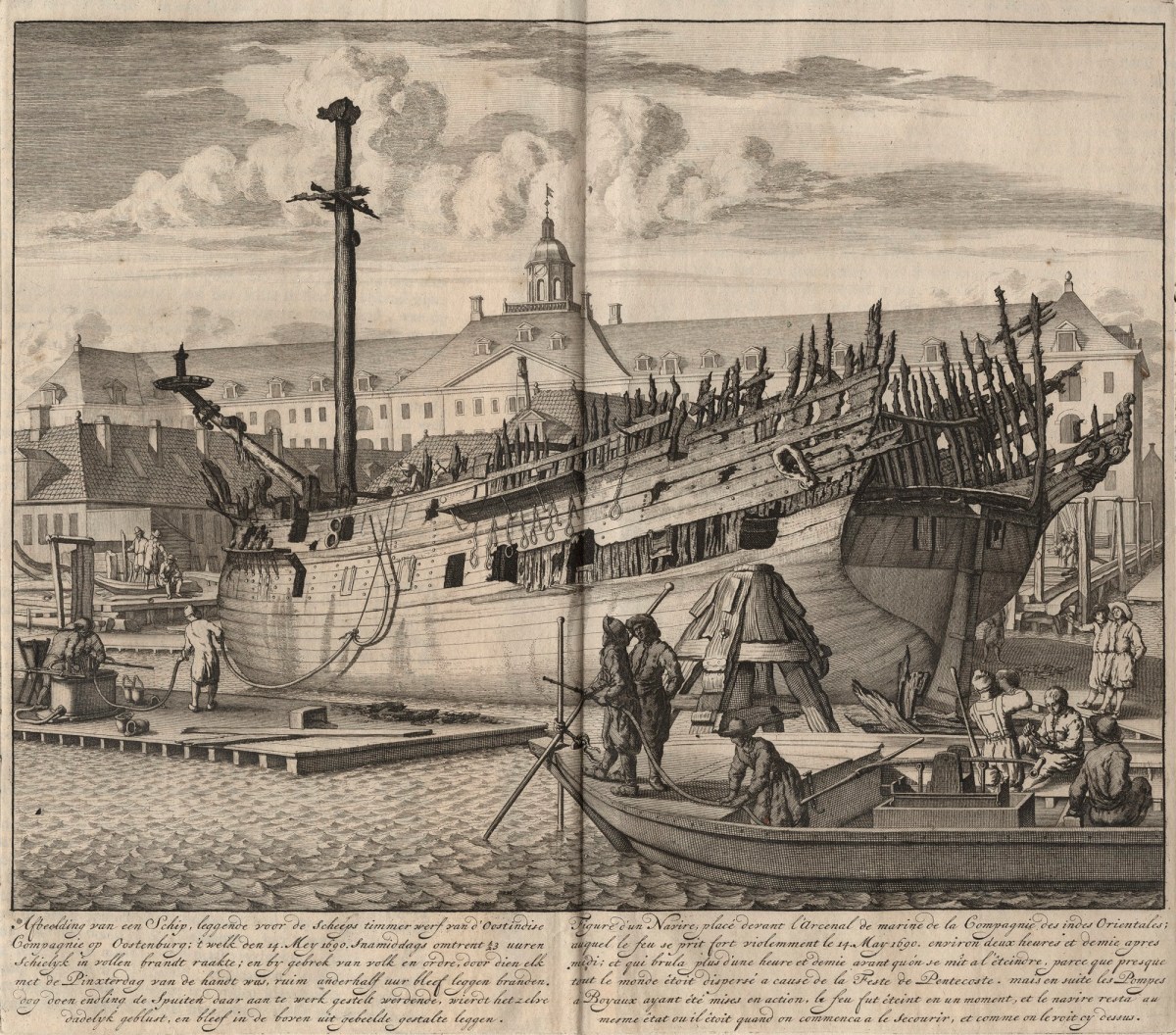 A VOC Dutch East India Company  ship damaged by fire at 