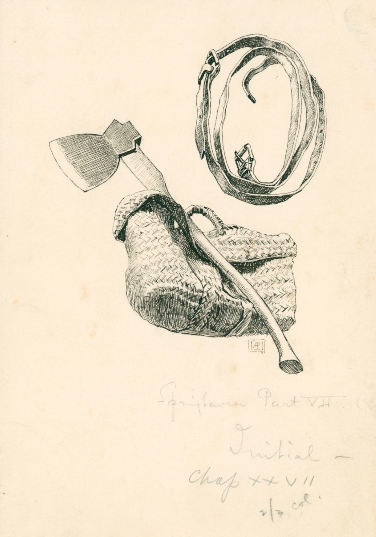 Alfred Parsons RA, Studies of a belt, an axe and a satchel for an illustration