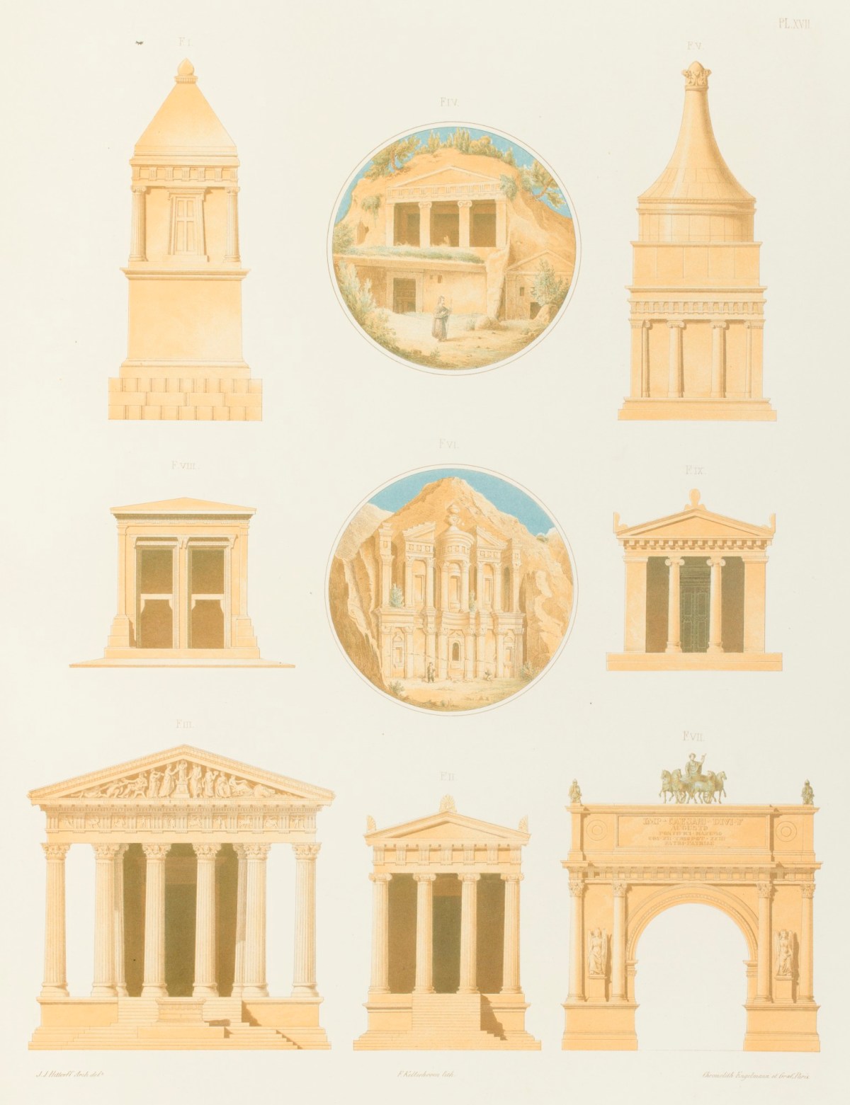Jakob Ignaz Hittorff, Monuments divers de la Cyrénaique, de l'Arabie Pétrée, de la Palestine, de la Sicile, de Paestum et de l'Italie, ayant des colonnes avec des chapiteaux à volutes, surmontés d'entablements à triglyphes