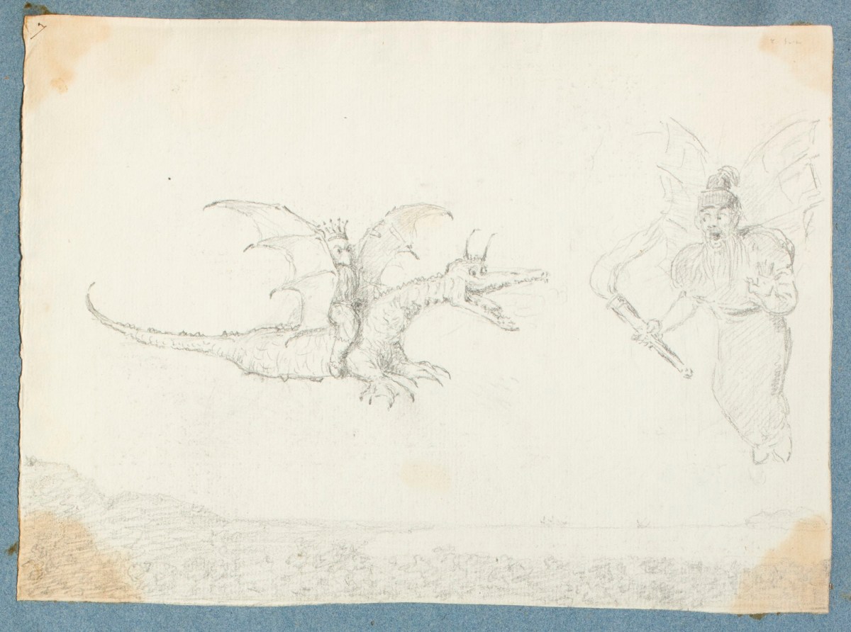 George Dance RA, Crowned man on a dragon with a flying genii holding a torch