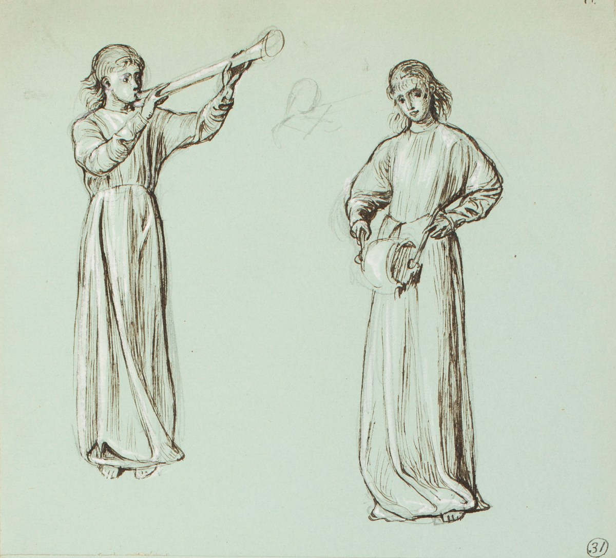 Henry Hugh Armstead RA, Two studies of girls playing musical instruments, for Llandaff Cathedral carvings