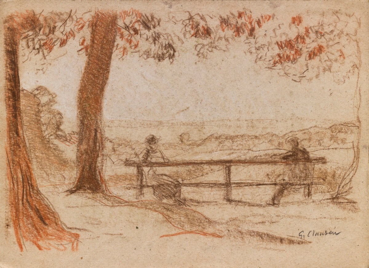 Sir George Clausen RA, Landscape with figures sitting on a bench