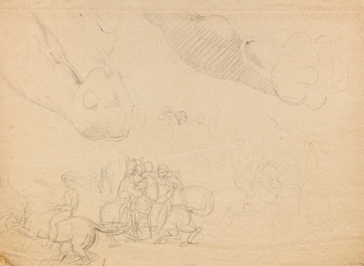 Benjamin Robert Haydon, Sheet of sketches including a battle scene and hands gripping a sword or dagger