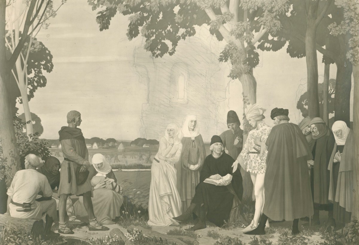 Unidentified photographer, Photograph of George Clausen's 'The English People ... gathering secretly to read aloud Wycliffe's English Bible'