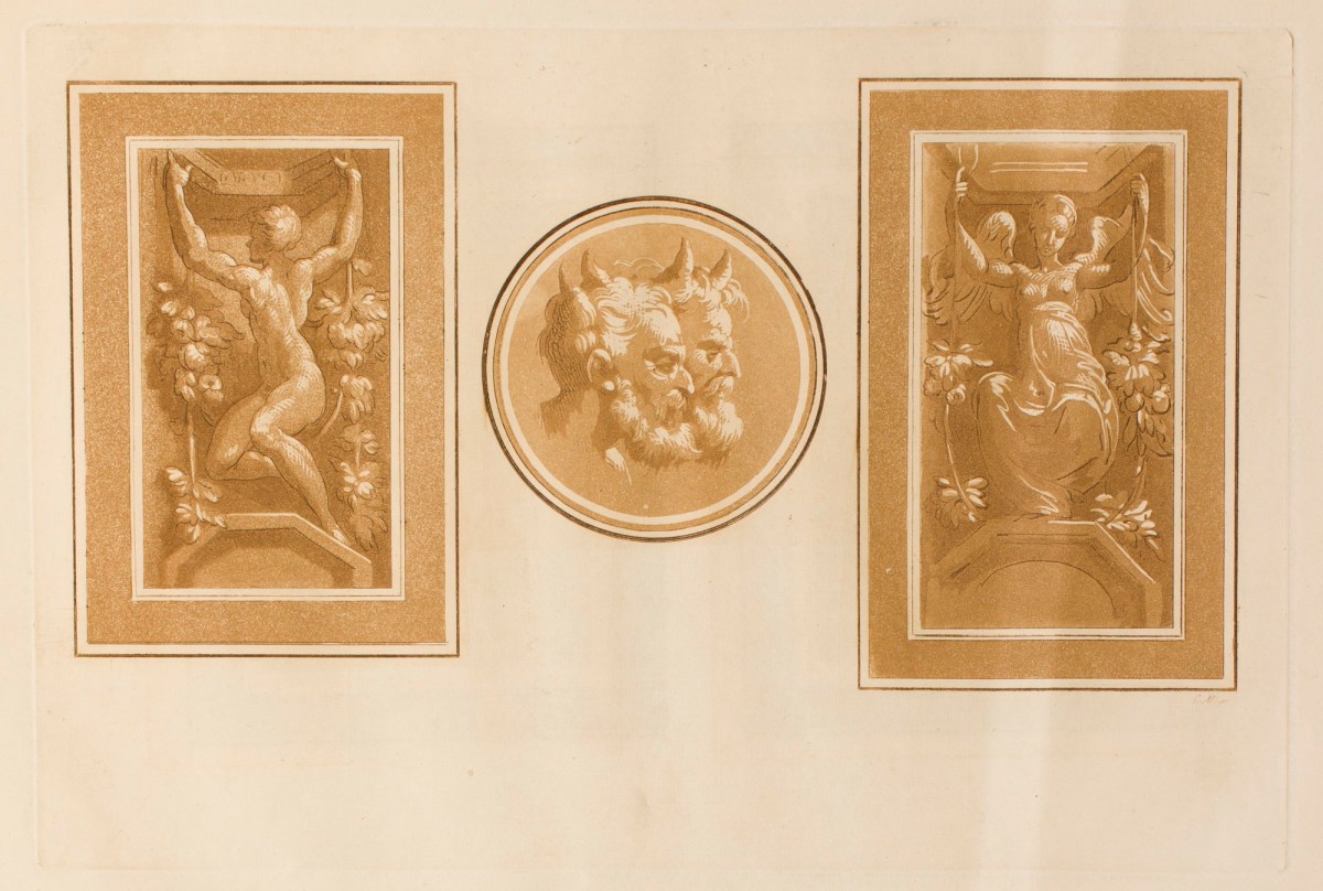 Conrad Martin Metz, Two studies in architectural settings; and two heads of Satyrs in profile