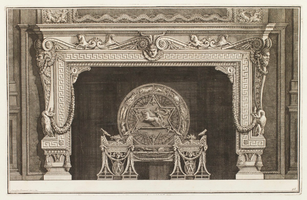 Giovanni Battista Piranesi, Design for chimneypiece with iron grate featuring central shield with signs of the zodiac