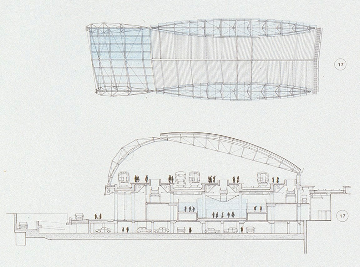 Sir Nicholas Grimshaw PPRA, Record drawing for Waterloo International Railway Terminal, Lambeth, London: plan at platform level, west elevation and details