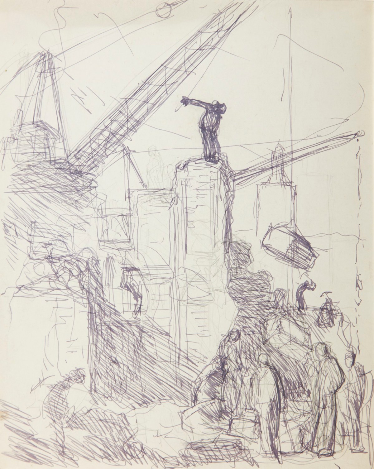 Sir George Clausen RA, Study of men working on a building using cranes