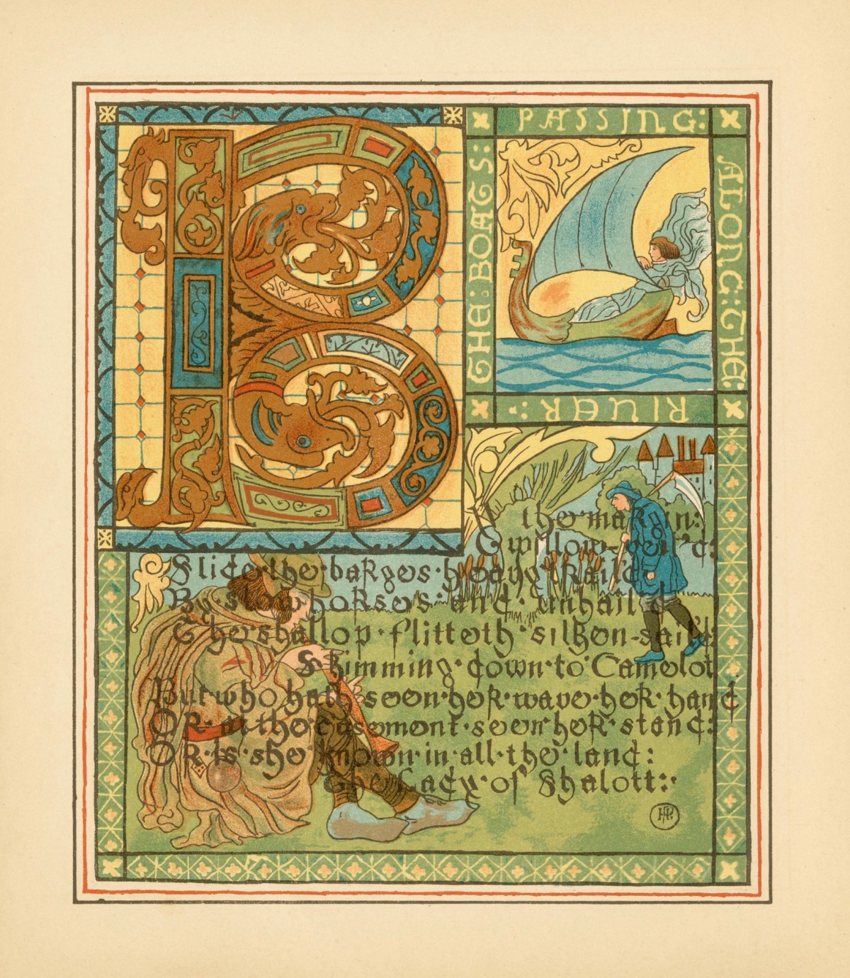 Howard Pyle, 'By the margin, willow-veil'd, / Slide the heavy barges trail'd ...'