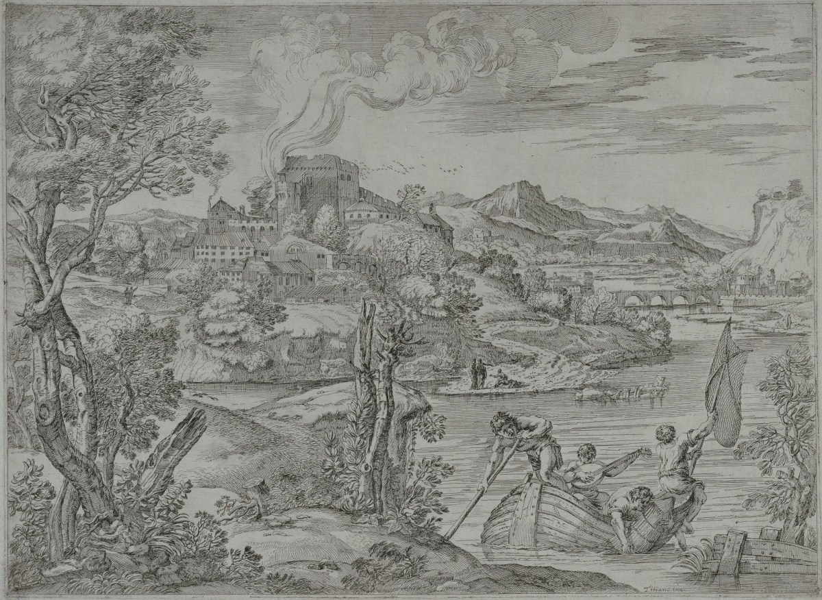 Giovanni Francesco Grimaldi il Bolognese, Landscape with a man playing a lute in a fishing boat
