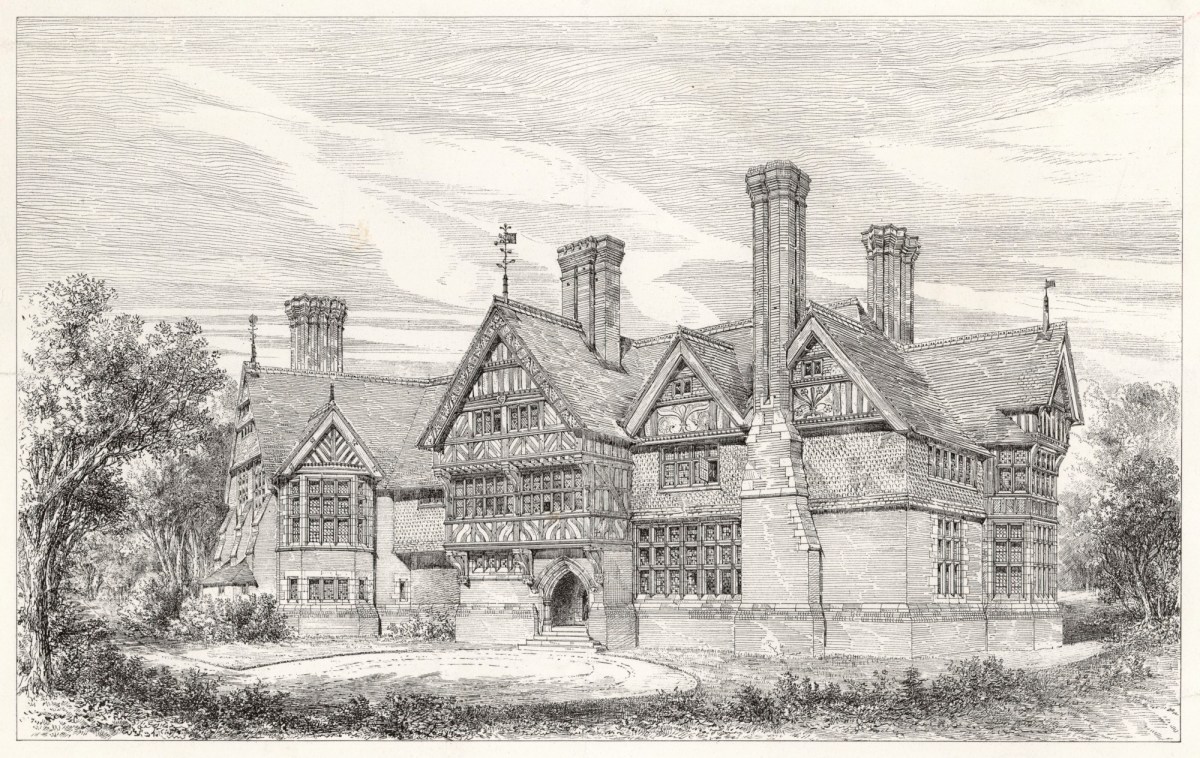 Richard Norman Shaw RA, Design for Grims Dyke, Old Redding, Harrow Weald, London: perspective of entrance front