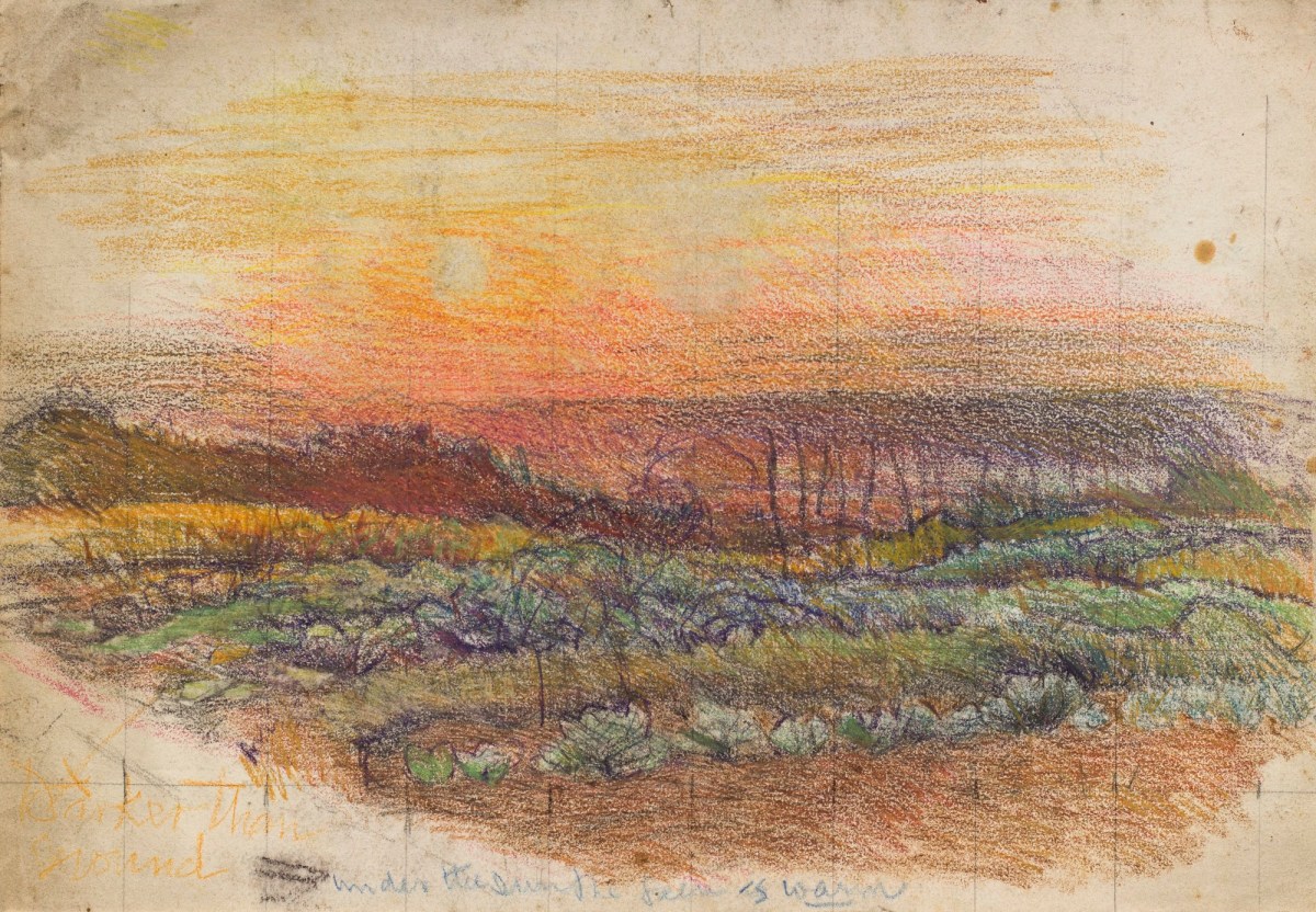 Sir George Clausen RA, Study of a field with crops at sunset, relating to 'Allotment Gardens'