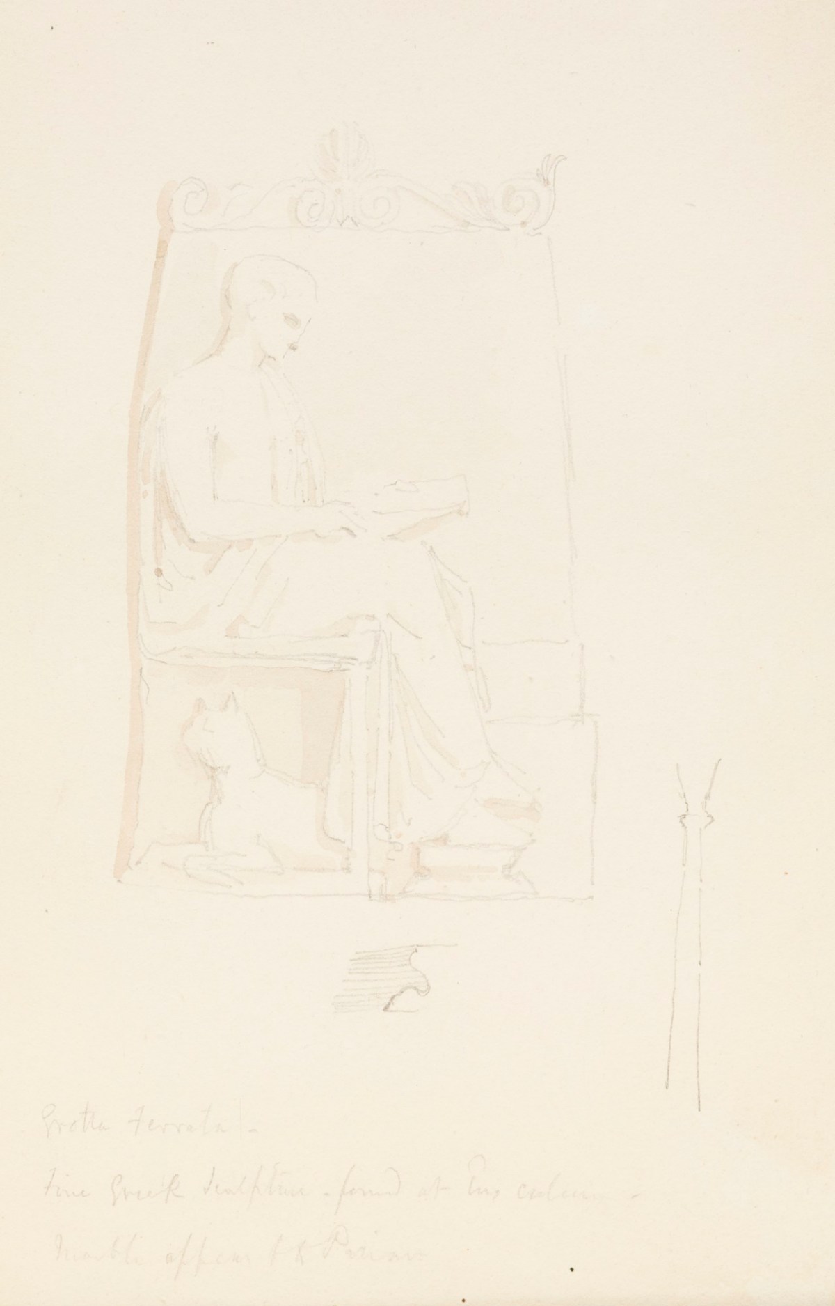 Richard Westmacott the Younger RA, Drawing after a Greek marble stele showing a seated man reading a scroll