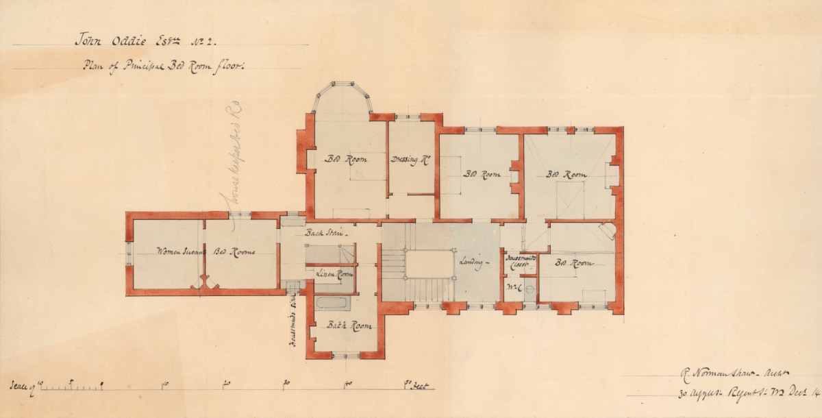 Richard Norman Shaw RA, Design for Harperbury, Radlett, Herts.: preliminary plan of bedroom floor