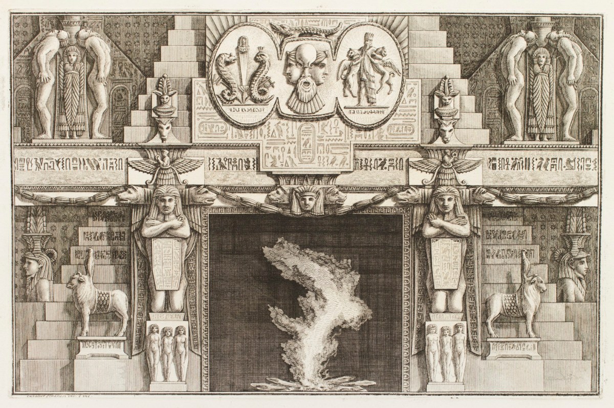 Giovanni Battista Piranesi, Design for chimneypiece with ornate Egyptian design over mantlepiece, animals and figures at jambs