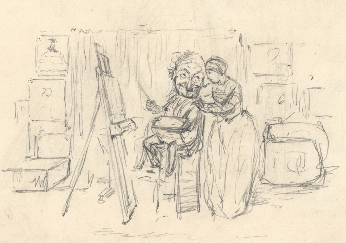 John Leech, Sketch of 'Mr Punch' as an artist in his studio (recto) and Sketch of 'Mr Punch' in a courtroom (verso)