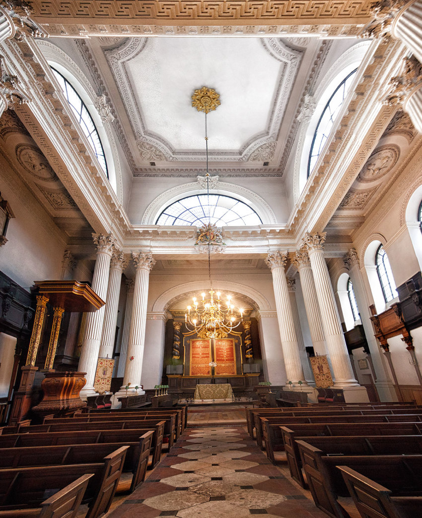 The interior of St Mary’s Church Woolnoth, London, by Nicholas Hawksmoor