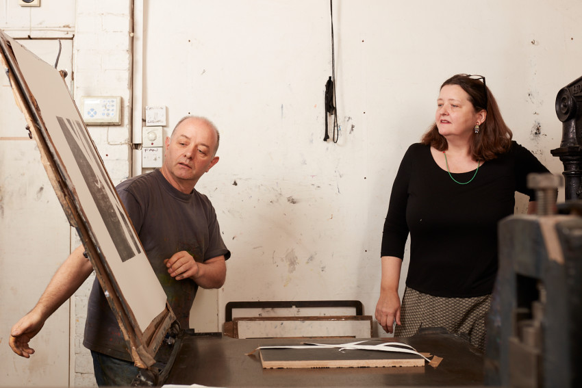 Frances Richardson and master-printmaker Mike Taylor at Paupers Press
