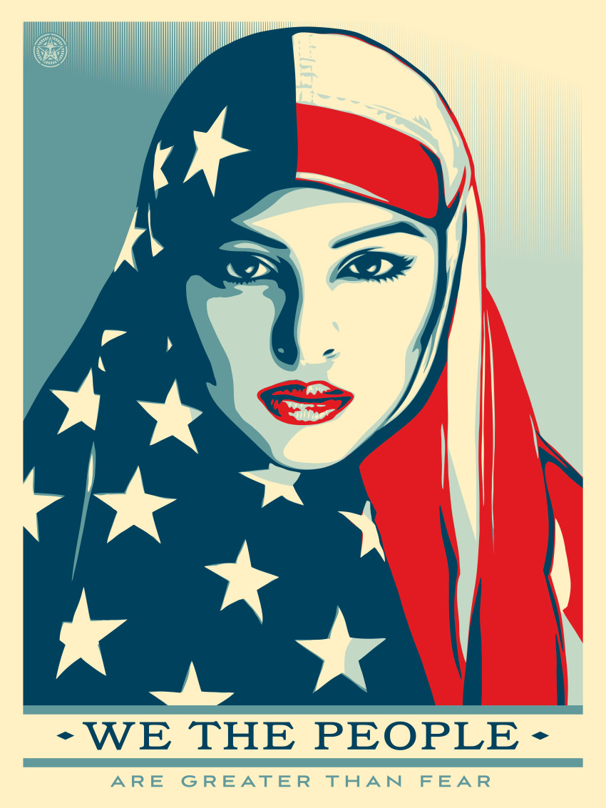 Shepard Fairey, Greater than Fear, based on a photograph by Ridwan Adhami