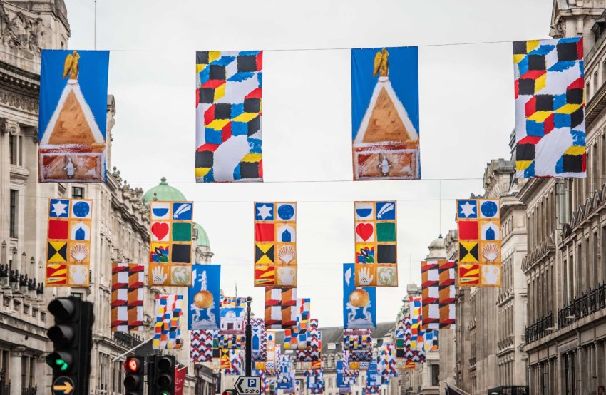 Regent Street hung with flags by Joe Tilson RA