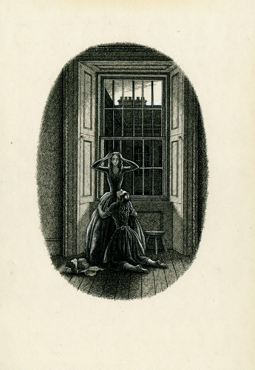 Charles Stewart, Illustration for Uncle Silas, 'She clasped me round the waist, and buried her face in my dress'