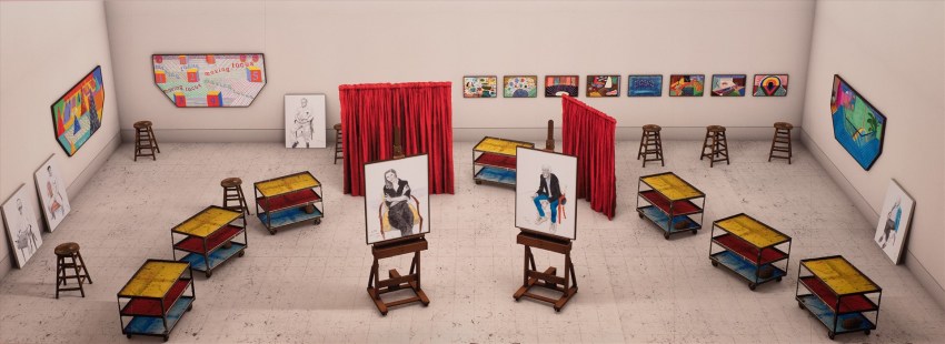David Hockney RA, 880 - SEVEN TROLLIES, SIX AND A HALF STOOLS, SIX PORTRAITS, ELEVEN PAINTINGS, AND TWO CURTAINS