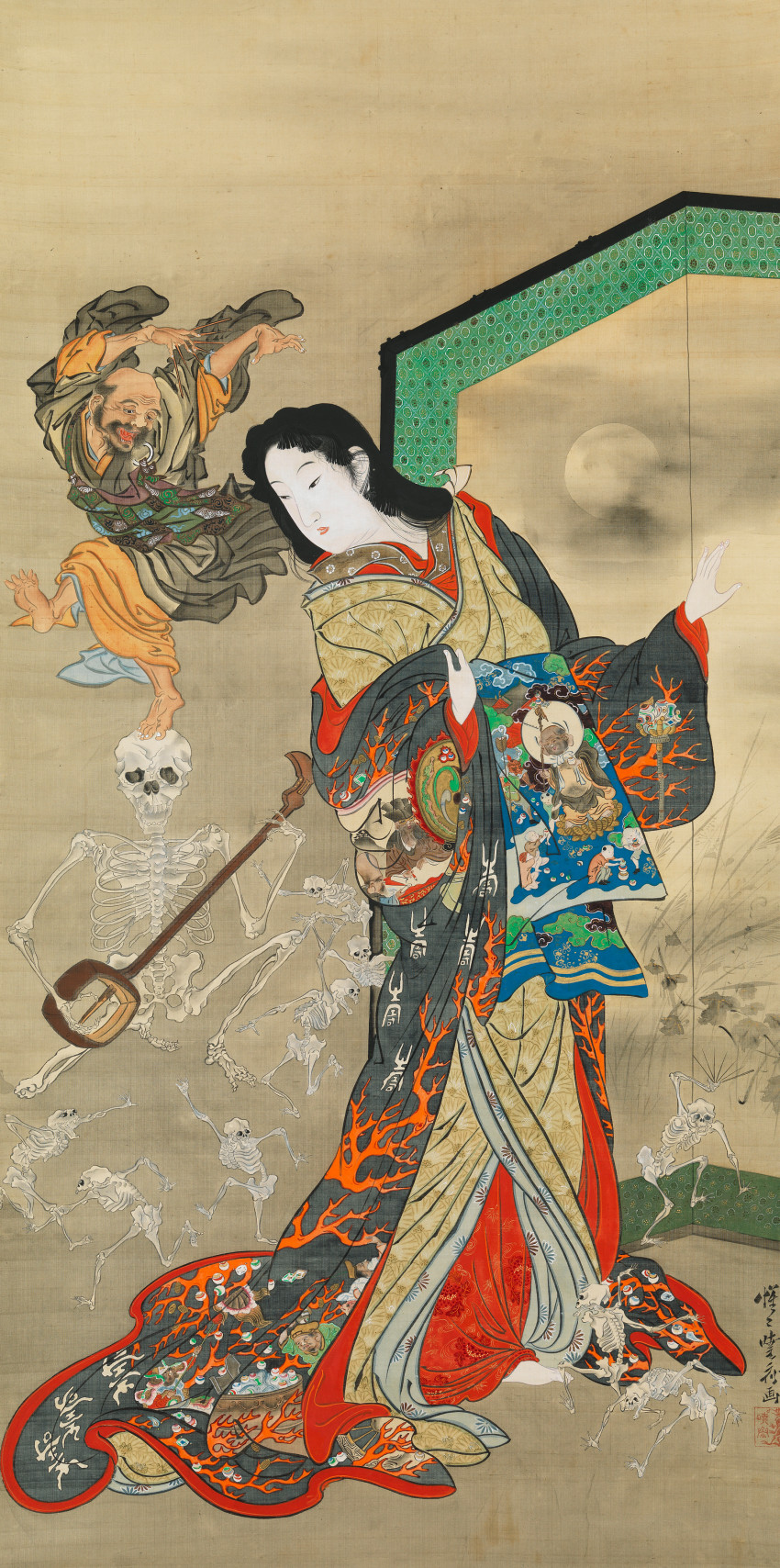 Kawanabe Kyōsai, Hell Courtesan (Jigoku-dayū), dancing Ikkyū and skeletons