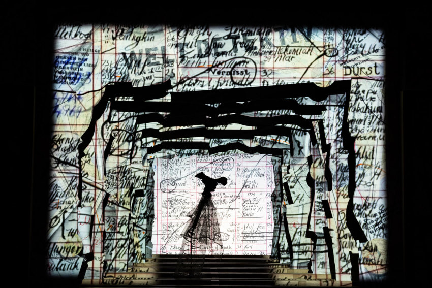 A scene from 'Black Box / Chambre Noire', 2005, showing the stage of the miniature theatre with drawings, projections and kinetic puppets, installed as part of the William Kentridge exhibition at the Royal Academy of Arts.