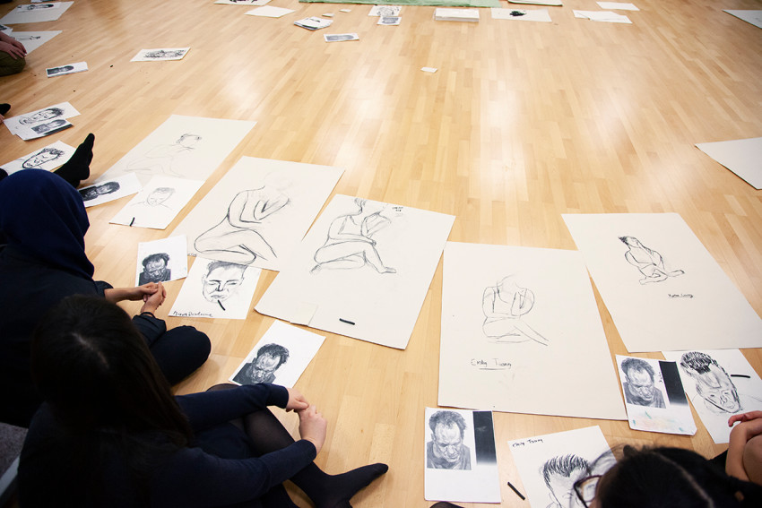 Eltham Hill School students at work on drawings in an RA outreach class, 2019