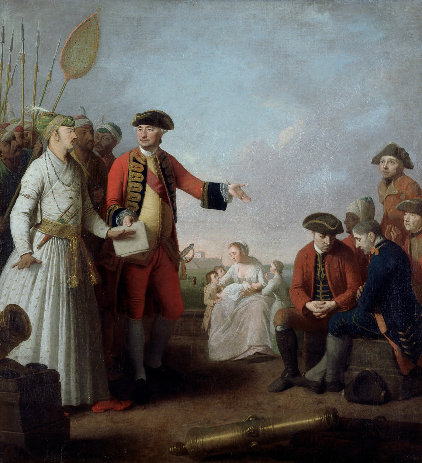 Edward Penny RA, Lord Clive receiving from the Nawab of Bengal the grant of the sum of money for Lord Clive’s Fund for the relief of distressed soldiers and their dependents