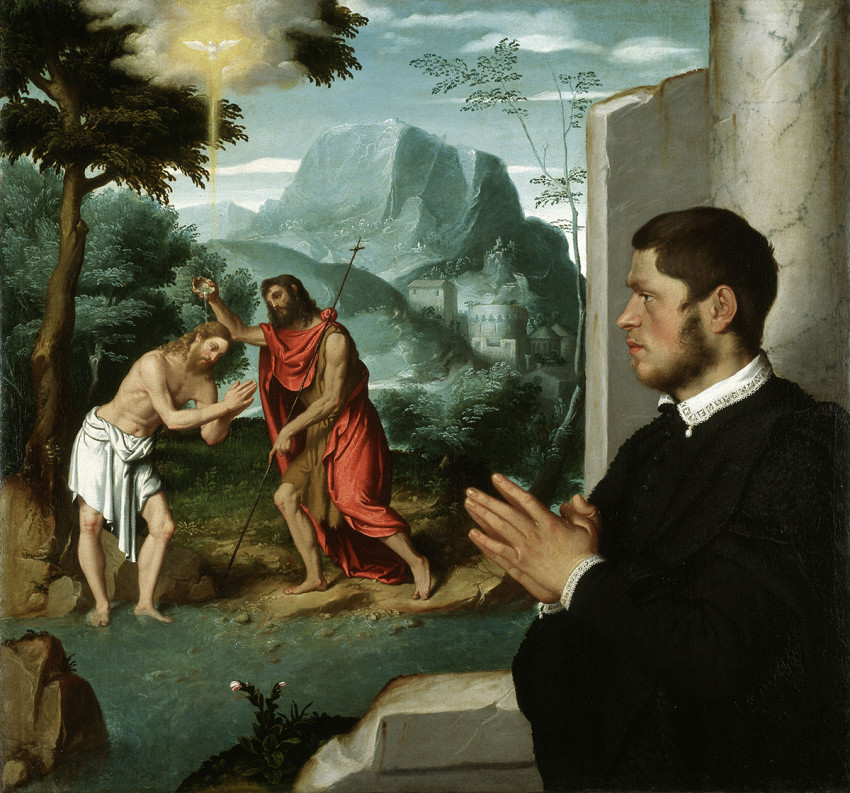 Giovanni Battista Moroni, A Gentleman in Adoration before the Baptism of Christ