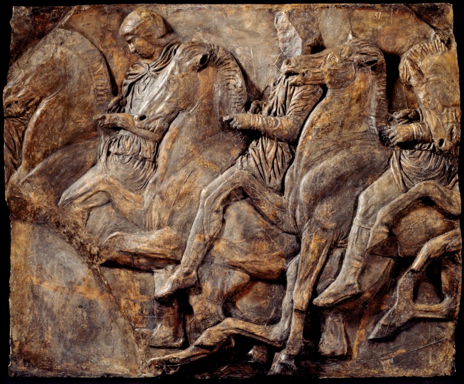 British Museum, Cast of slab of riders from North frieze of Parthenon (figures 122-124, Slab XLIV =Michaelis XXXIX)