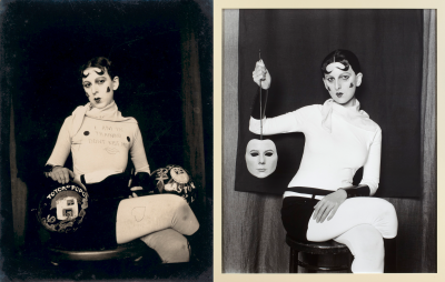 Left: Claude Cahun, 'I am in training don't kiss me', c.1927. Right: Gillian Wearing RA, 'Me as Cahun holding a mask of my face', 2012.