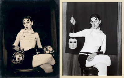 Left: Claude Cahun, 'I am in training don't kiss me', c.1927. Right: Gillian Wearing RA, 'Me as Cahun holding a mask of my face', 2012.