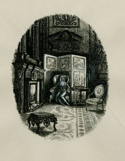 Charles Stewart, Illustration for Uncle Silas, 'At the far end of a handsome wainscoted room, sat a singular looking old man'
