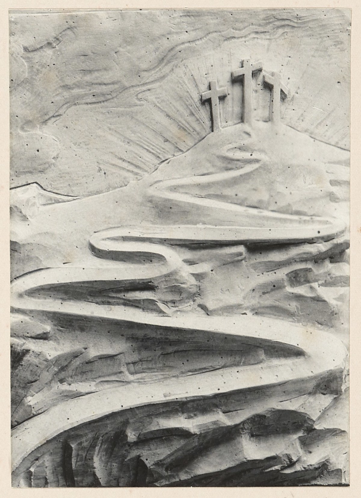 Unidentified photographer, Sketch model for a relief depicting a pathway to a hill with three crosses, presumably Golgotha.