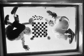 Robert Descharnes, Duchamp and Dalí playing chess during filming for A Soft Self-Portrait, directed by Jean-Christophe Averty (detail)