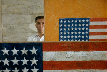 Dan Budnik, Jasper Johns with Flags, Leo Castelli Gallery, New York (detail)