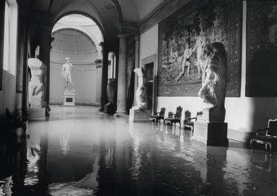 The flooded Accademia Gallery in Florence, in 1966, with Michelangelo’s David at the far end