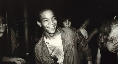 Jean dancing at the Mudd Club with painted t-shirt, 1979