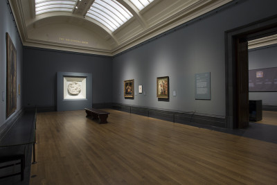 Installation view of the ‘Michelangelo & Sebastiano’ exhibition at the National Gallery, London, featuring the tondo